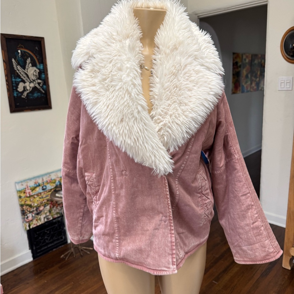 Free People Pink Denim Jacket with White Faux Fur Collar NWT